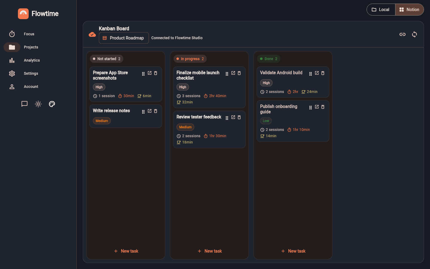 Flutter Notion projects board on desktop