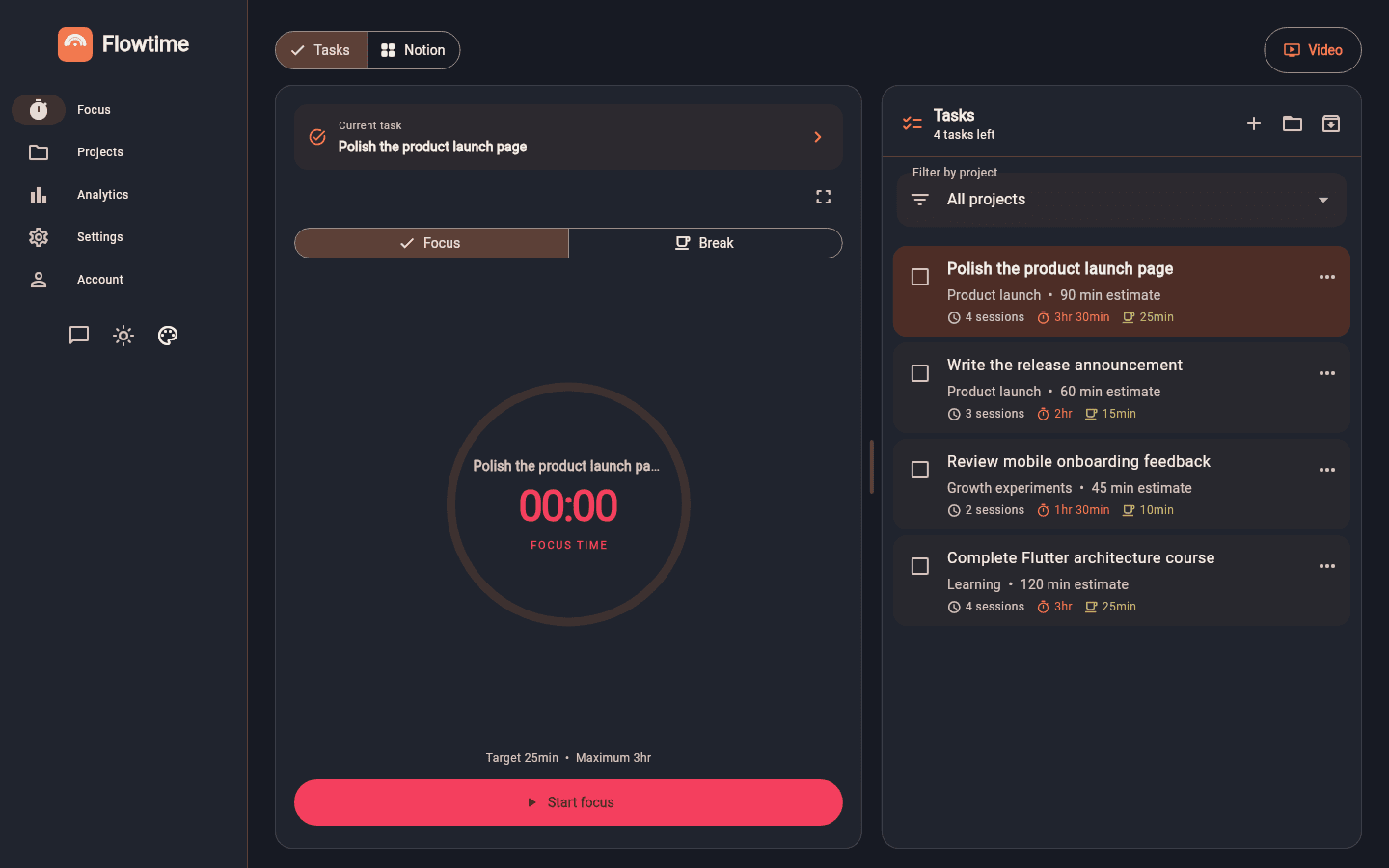 Default Flutter focus timer on desktop
