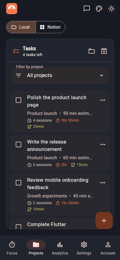 Flutter projects and tasks on mobile
